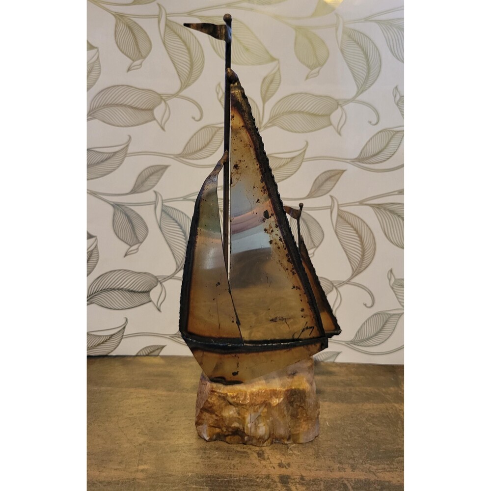 1970s Mario Jason Signed Brutalist Brass Sailboat Sculpture on Quartz Base